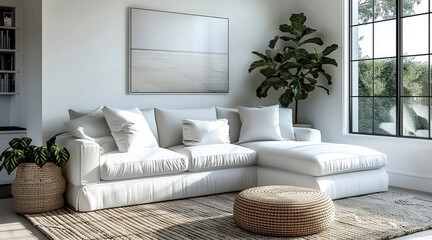 Minimalist, home interior design of modern living room with white sofa sits on a textured rug.