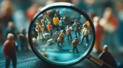 A magnifying glass reveals a miniature world of diverse people