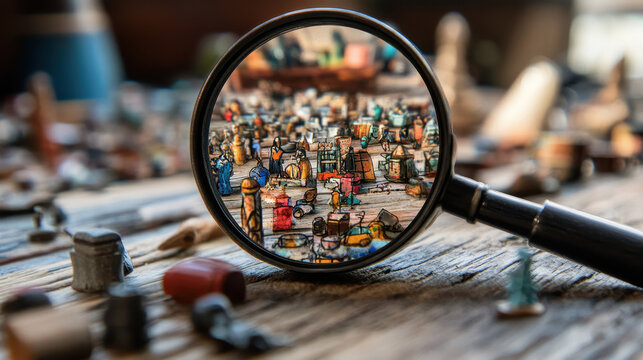 A Miniature World Seen Through a Magnifying Glass on a Wooden Surface
