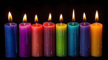 Seven colorful candles burning brightly against a dark background
