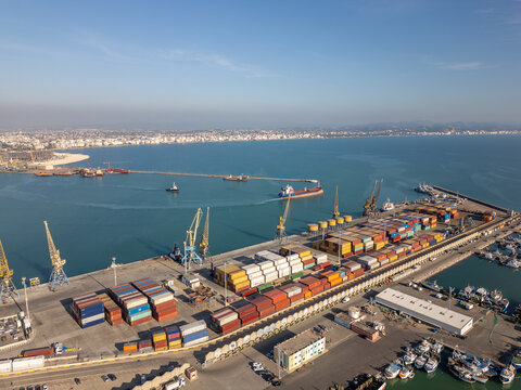 Aerial drone photo of the harbour and container terminal in Durres, Albania.