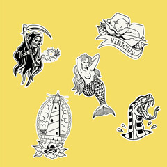 illustrations of old school tattoo designs, mermaid, snake, lighthouse, rose, kewpie, rose, grim reaper, with white sticker border