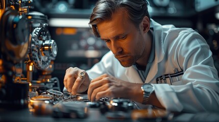 A professional man sitting at a desk repairing a watch.