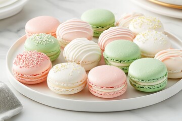 Fototapeta premium Delightful pastel macarons in mint, white, and pink hues presented on a clean white plate, perfect for elegant occasions