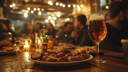 A dimly lit pub or bar with a plate of sausages and a glass of beer on a wooden table.
