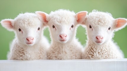 Obraz premium Three cute white lambs peeking over a white wooden fence against a soft green background.