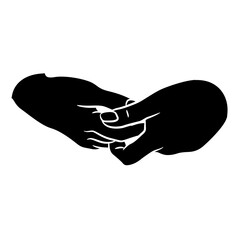 Two folded human hands. Cartoon style. Black and white silhouette.