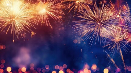 Fototapeta premium Spectacular Fireworks Bursting in the Night Sky Over a Vibrant Urban Landscape