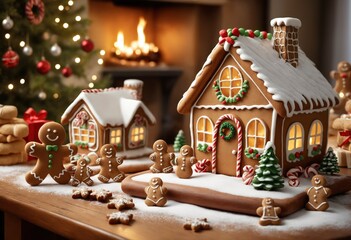 Stunning gingerbread houses decorated with lighted windows, surrounded by delicate snowflakes and gingerbread men on an elegant wooden table, Christmas lights in the background