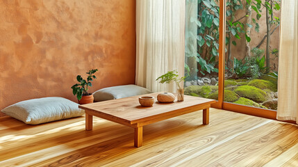 Fototapeta premium Serene wabi sabi interior with wooden table and greenery for tranquil living spaces