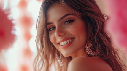 Obraz premium Brazilian woman with beautiful lashes, smiling softly at her phone, dressed as an eyelash designer.
