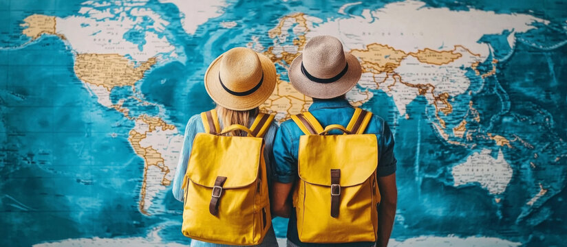 Couple exploring a world map, embracing the adventure of travel and planning their next journey together with backpacks. 
