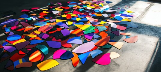 Colorful Die Cut Stickers Display on Concrete Floor with Dramatic Lighting for Creative Designs