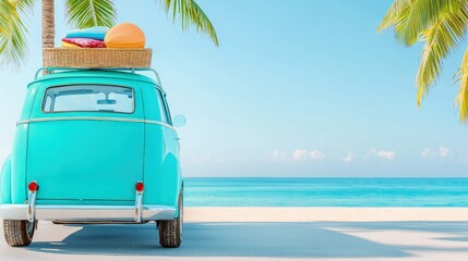 Turquoise vintage van parked on beach with luggage on roof rack.