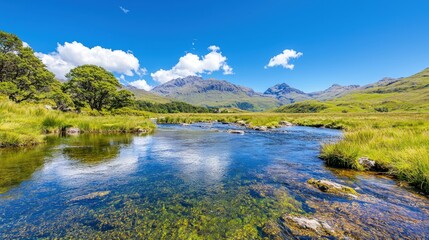 Serene mountain river reflecting sky.