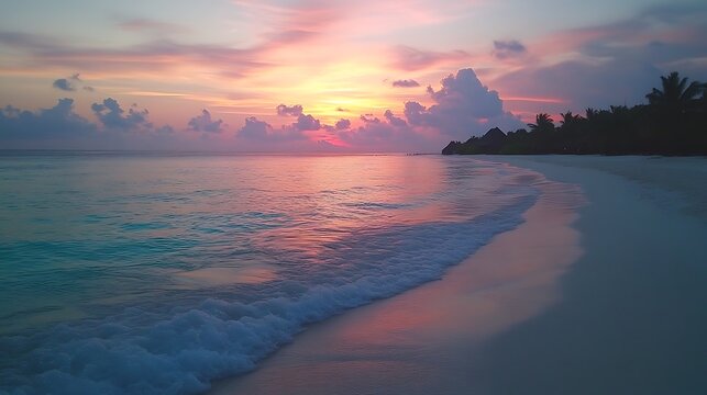 Colorful sunset over calm ocean waters with soft waves reflecting the sky in Maldives