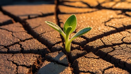 This captivating image portrays the resilience of nature in the face of adversity. A tender green sprout emerges from cracked, parched soil, its delicate leaves reaching for the sunlight.