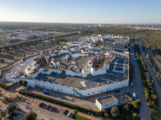 Aerial drone view of a outdoor shopping center in Molfetta, southern Italy.