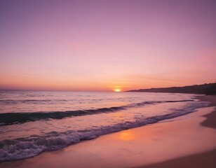 Fototapeta premium Romantic Sunset Over Ocean with Silhouetted Beach Scene , Tranquil and Serene for Love-Themed Designs
