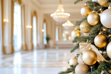 Opulent Christmas tree adorned with golden baubles and soft lights in a luxurious setting