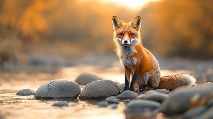 A red fox sitting on rocks by a river with blurred yellow and orange background.