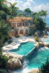 Luxurious beachfront villa with infinity pool, nestled on a rocky coastline.