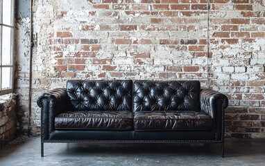 A modern industrial sofa with a black leather finish and a metal frame, set against exposed brick walls