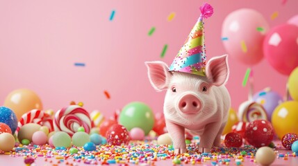 Fototapeta premium Celebrate with a cute pig in party hat surrounded by colorful treats and confetti