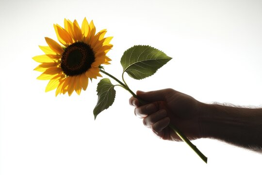 A hand gently holds a single sunflower against a bright white background.
