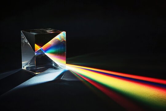 A glass cube prism refracts light, separating it into the visible spectrum of colors.