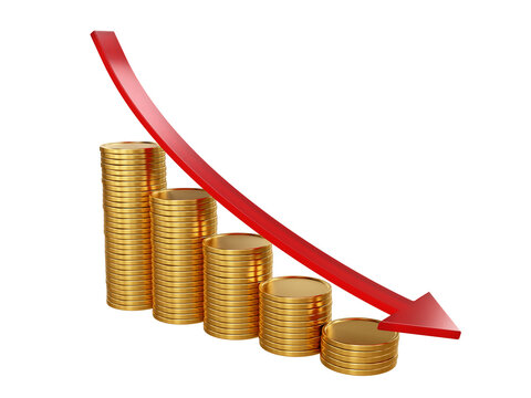 Golden 3d Coins and a Red Chart Line Graph Arrow Dropping Down Isolated Transparent PNG. a red downward-sloping line graph. Visual concept symbolizes the decline in Bitcoin's market price or value