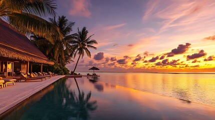 Obraz premium Golden hour view of ocean with soft glowing sunset colors and reflections in Maldives