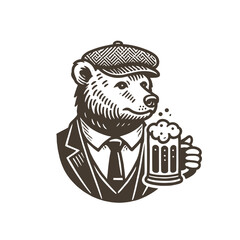 Vintage illustration of a bear in a suit holding a mug of beer.