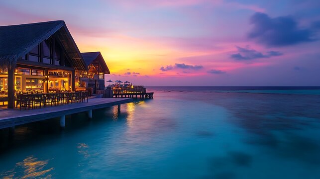 Golden hour view of ocean with soft glowing sunset colors and reflections in Maldives
