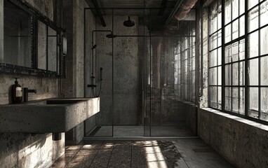 Obraz premium An industrial bathroom with a concrete sink, black metal fixtures, and a walk-in shower with glass panels