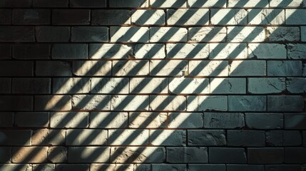Diagonal shadows on a brick wall create a striking visual effect with textured details and contrasting light.