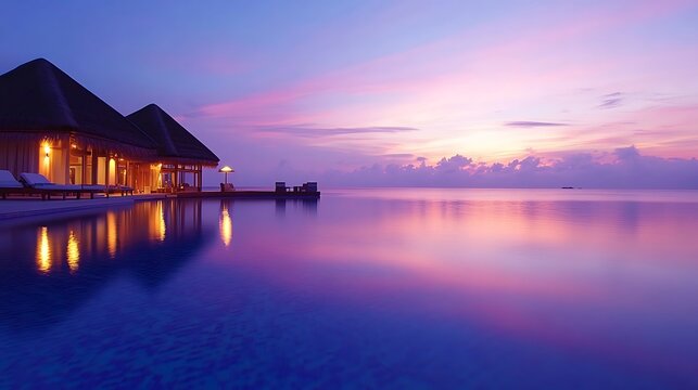 Calm tropical ocean with colorful sunset horizon and reflections of vibrant sky in Maldives