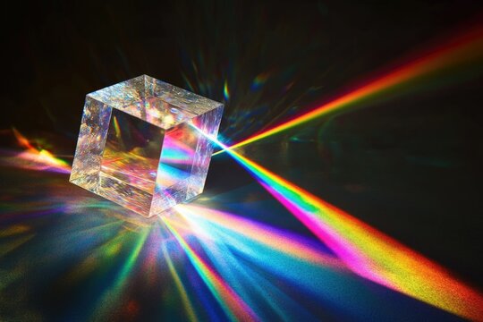 A cubic glass prism refracts light, splitting it into a spectrum of vibrant colors.