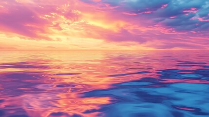 Colorful reflections of vibrant sunset sky over calm ocean waves in Maldives