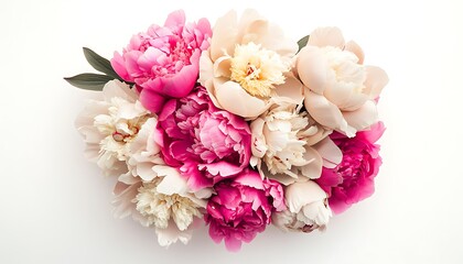 Vintage pink and beige peonies bouquet, isolated on white, top view, volumetric flowers.