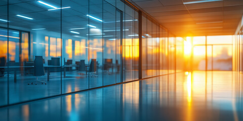 An abstract minimalist business office interior with glass walls reflecting a sunset glow