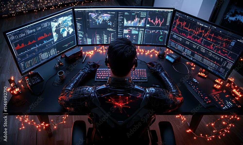 Poster person working at a desk with multiple monitors and data visualizations
