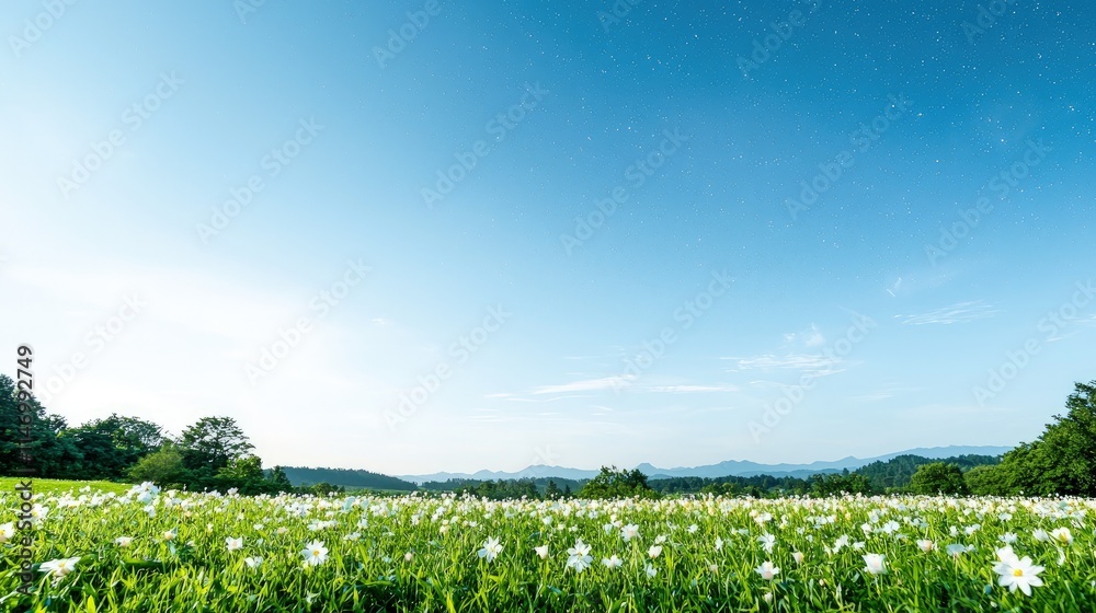 Wall mural Serene landscape of white flowers under a clear blue sky.