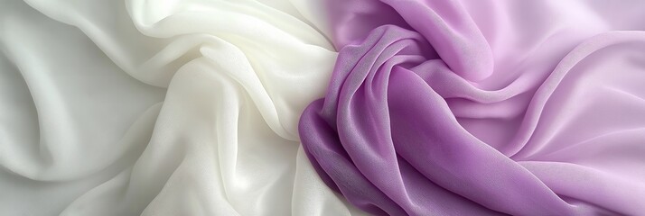 Obraz premium A soft, flowing abstract background featuring white and lavender fabric, creating a gentle and serene atmosphere with ample copy space