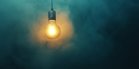 A glowing light bulb hangs against a teal smoky background, creating a minimalist abstract aesthetic