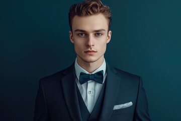 Elegant young handsome man posing in fashionable suit  looking at camera. Studio shot.