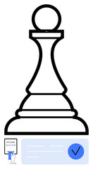 Chess pawn emphasizes strategy. QR code scanned by hand signifies verification. Ideal for strategy, security, authentication, digital ID, technology, innovation planning. Line metaphor