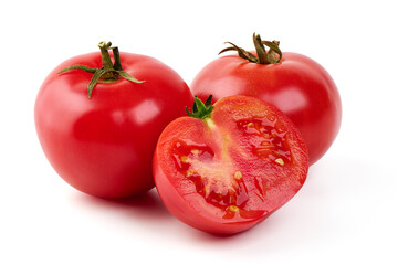 Fresh ripe red tomatoes, isolated on white background.
