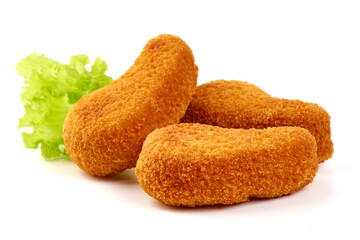 Crispy chicken nuggets, isolated on white background.