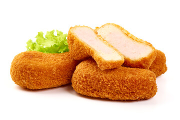 Crispy chicken nuggets, isolated on white background.
